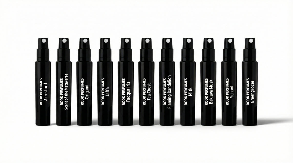 Rook Perfumes London Enthusiast Set featuring unique unisex fragrances and a £25 voucher displayed elegantly.