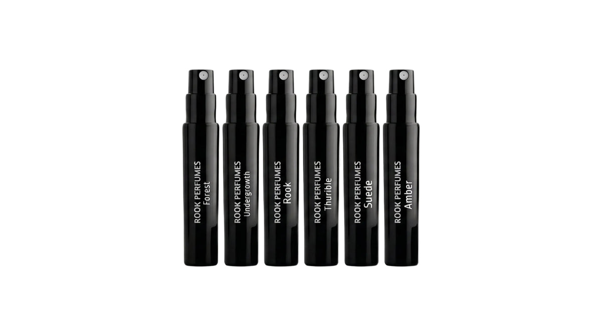 Rook Perfumes London Introduction Set featuring unique unisex fragrances and a £20 voucher in elegant packaging.