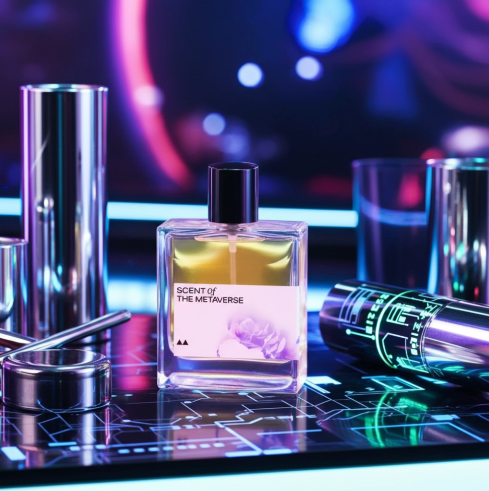 Perfume bottle labeled 'Scent of the Metaverse' on a futuristic surface with colorful lights.