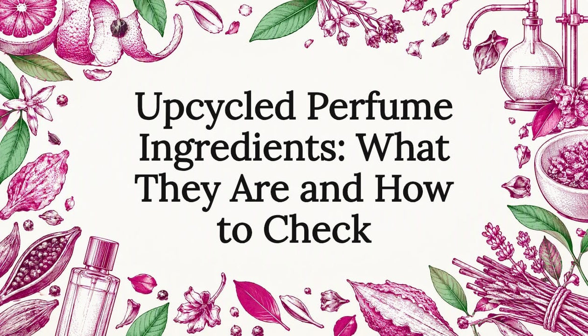 Perfume ingredient sketches frame a clear title area