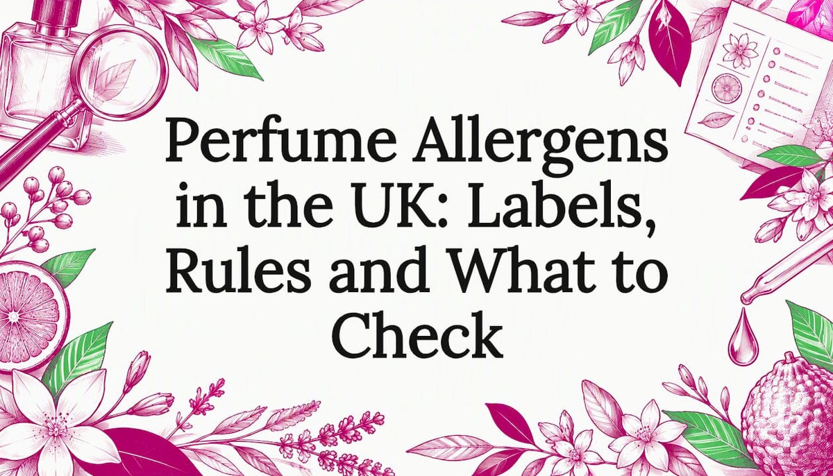 Sketches of perfume and ingredient label