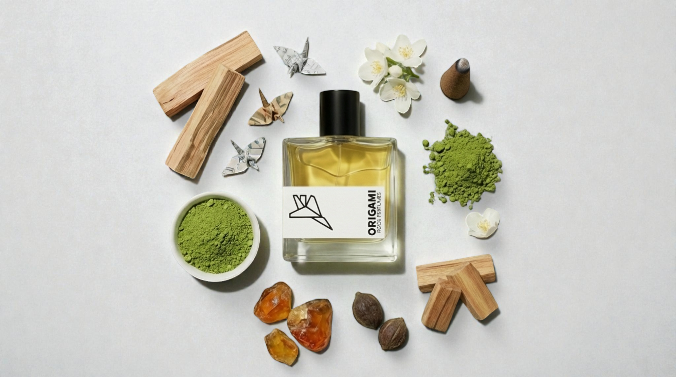 Rook Perfumes London Origami Eau de Parfum 30ml bottle with smokey matcha and cedar fragrance against a neutral background.