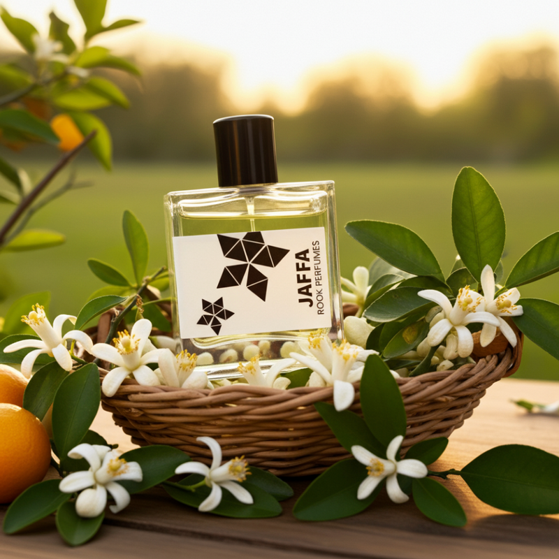 Perfume bottle labeled 'Jaffa' surrounded by flowers and leaves on a wooden surface.