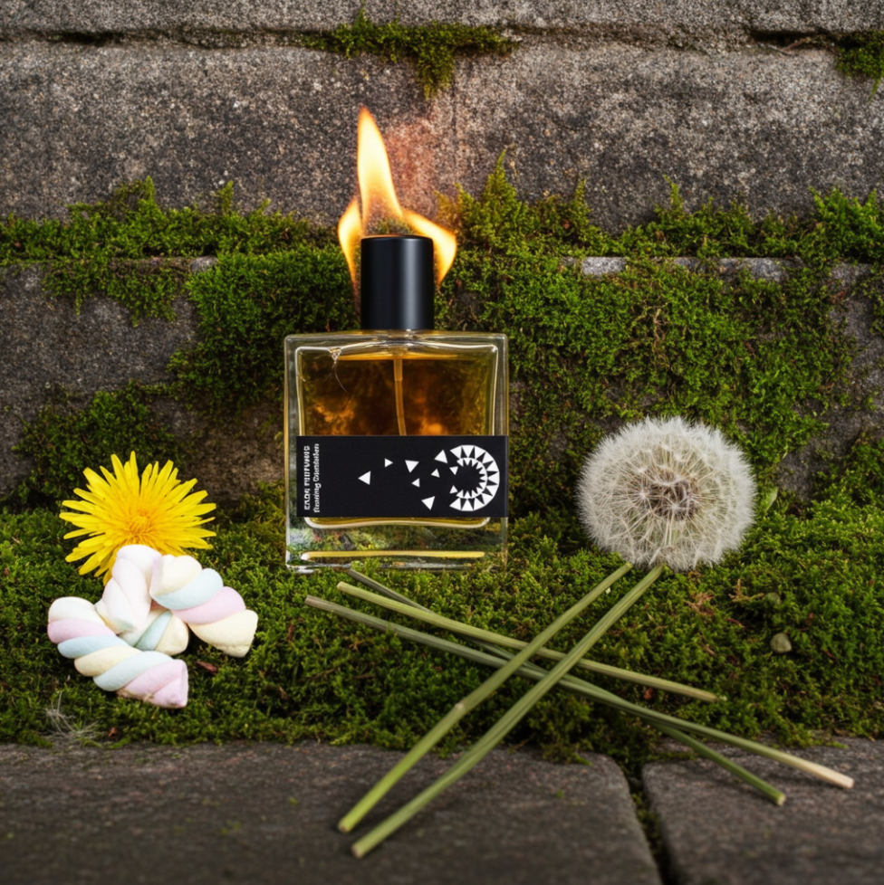 Perfume bottle with a burning wick on a stone surface with flowers and moss.