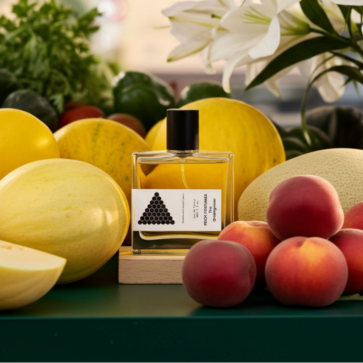 Perfume bottle with fruit and flowers in the background
