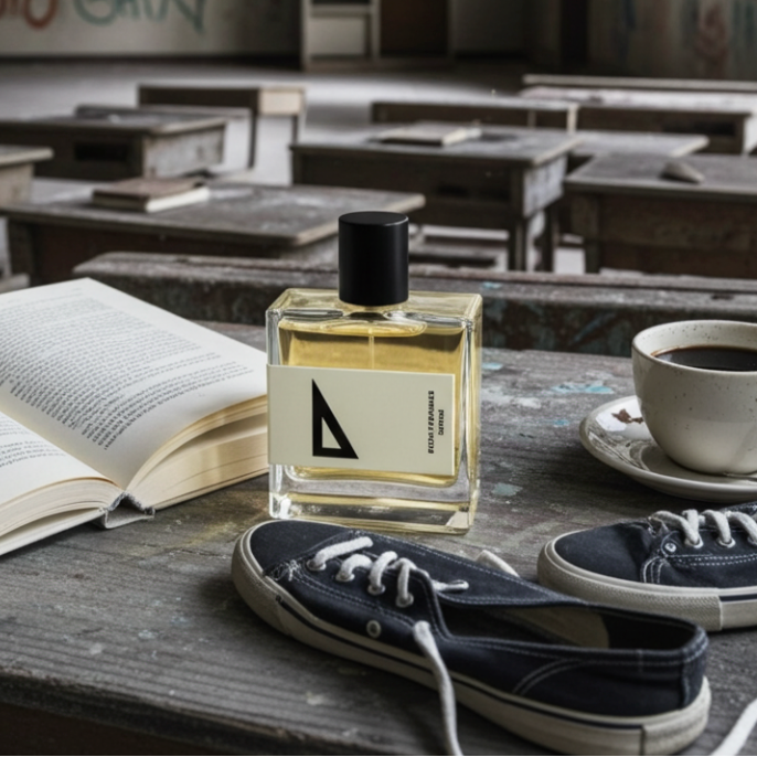 Perfume bottle, open book, and sneakers on a table in an abandoned classroom.