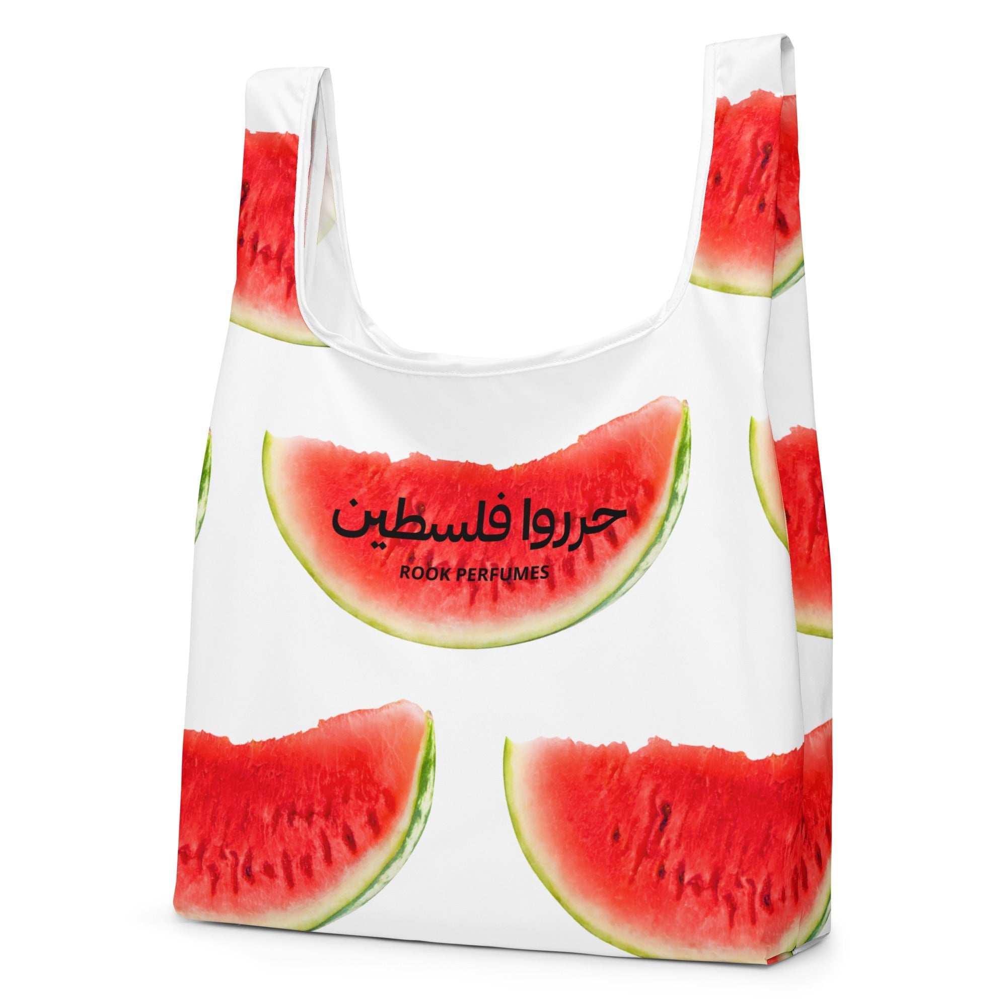 Free Palestine watermelon shopping bag by Rook Perfumes London, featuring vibrant watermelon design and sturdy handles.