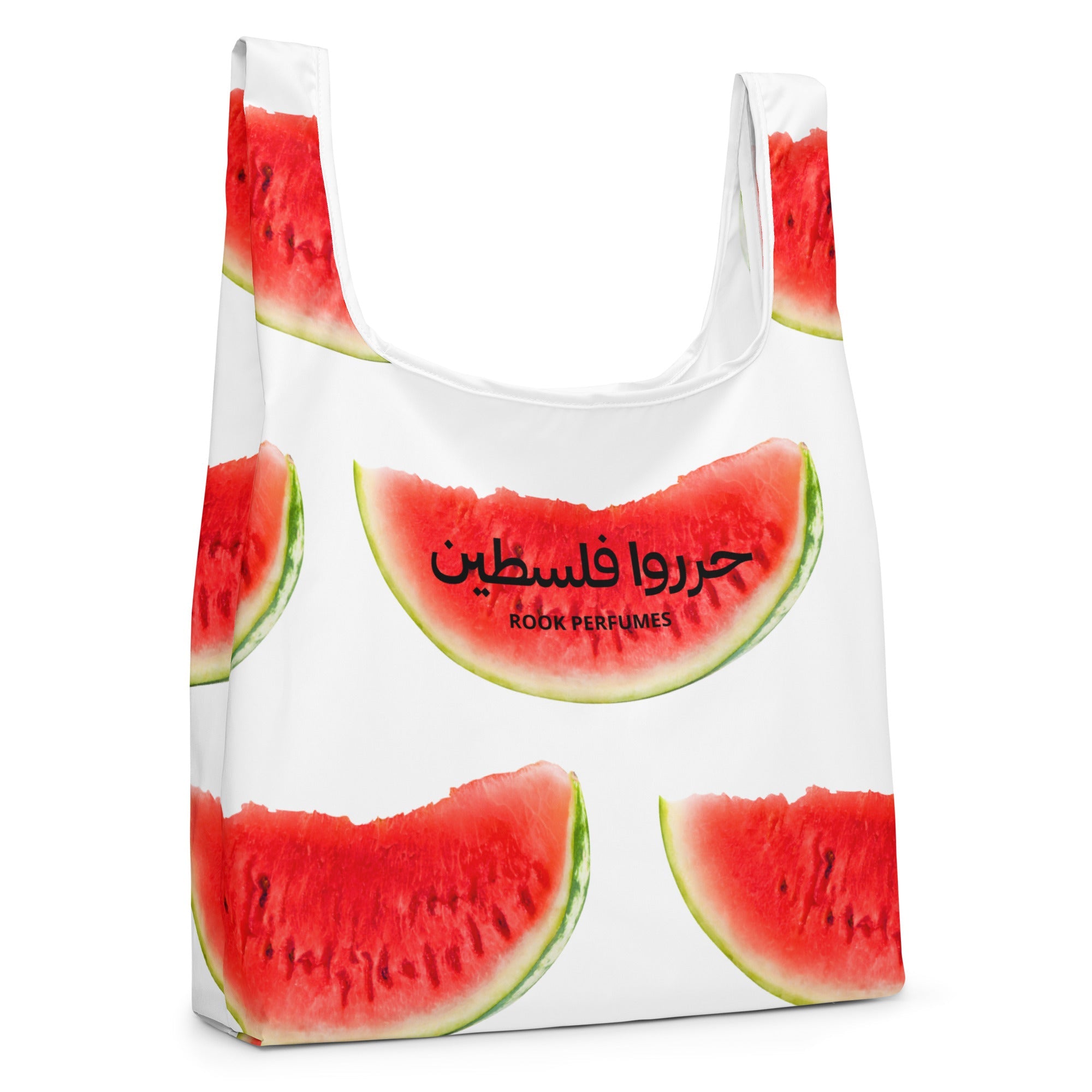 Free Palestine watermelon shopping bag by Rook Perfumes London, featuring vibrant colors and a spacious design.