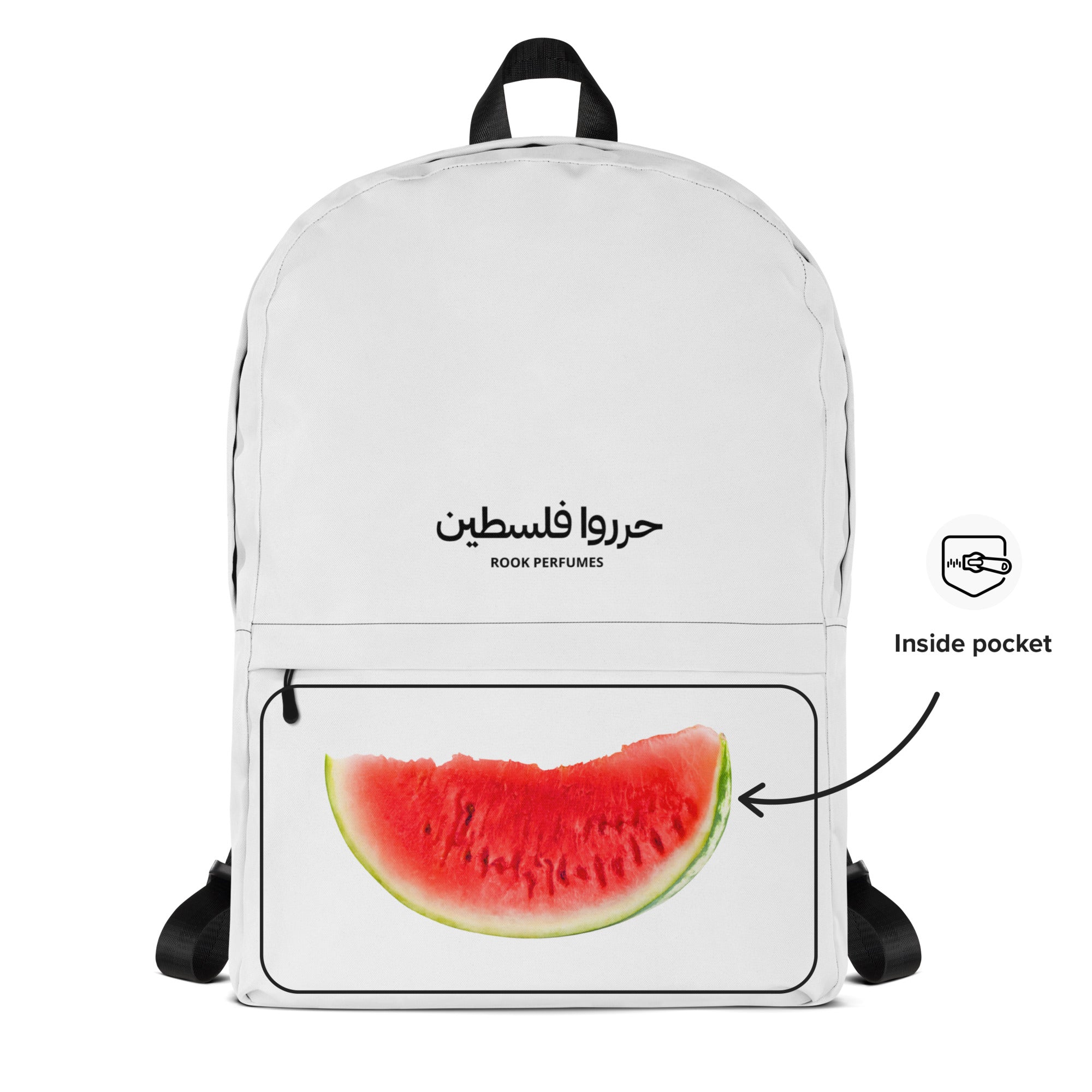 Hidden Watermelon Backpack by Rook Perfumes London featuring vibrant watermelon design and adjustable straps.