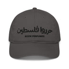 Free Palestine organic cap by Rook Perfumes London, showcasing a bold design with text and a comfortable fit.