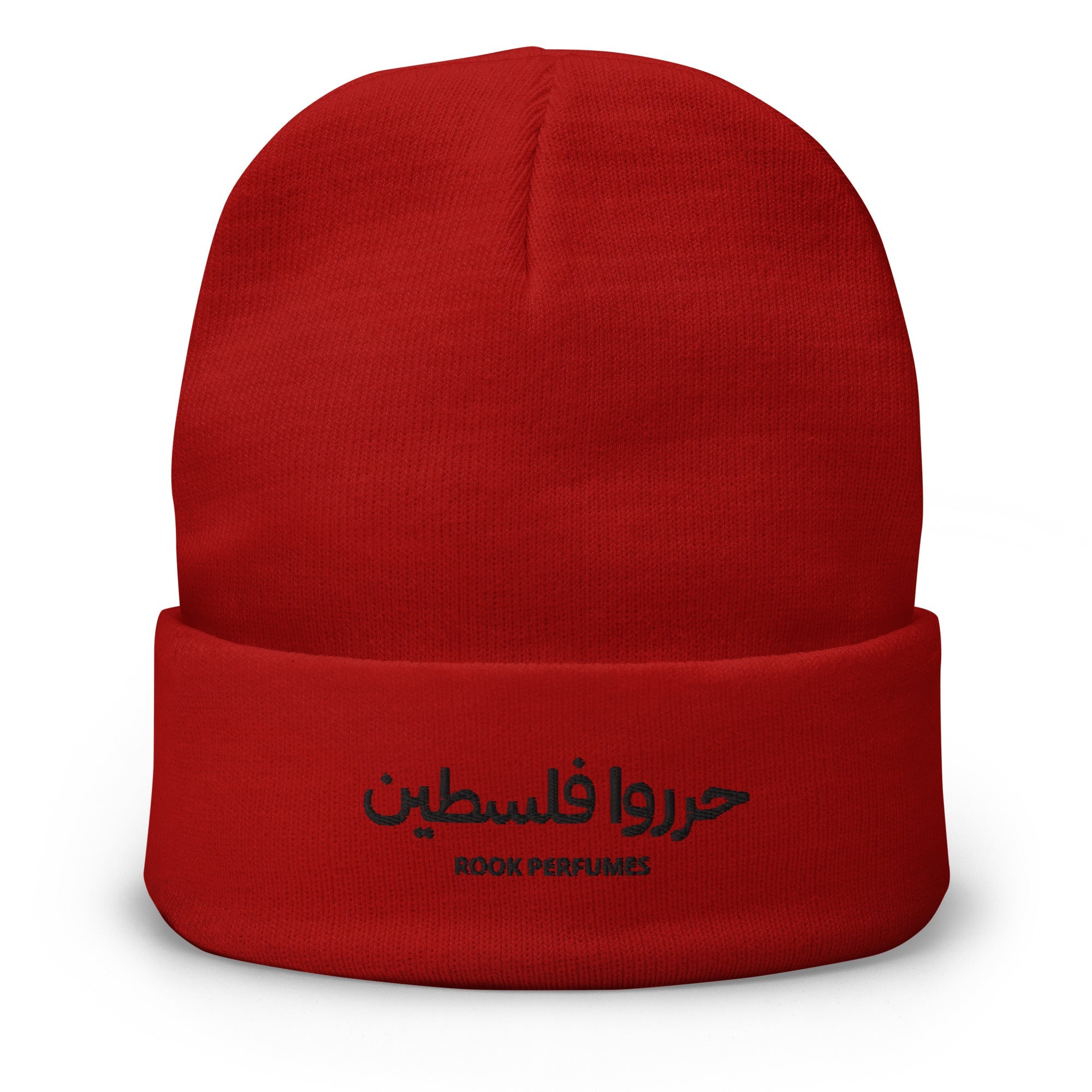 Embroidered Free Palestine beanie by Rook Perfumes London, featuring bold lettering on a cozy knit design.